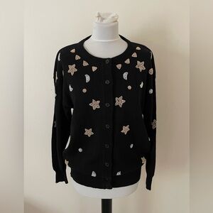 VTG Eminent Women Cardigan Sweater M Black Beaded Buttons Ramie Blend Festive